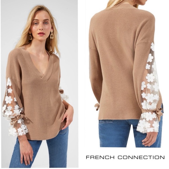 French Connection Sweaters - NWT FRENCH CONNECTION Caballo Sweater Camel / White M Knit Floral Lace Sleeves